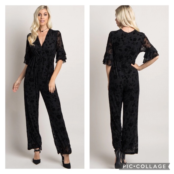 Pinkblush Pants - Pink Blush Velvet Floral Overlay Black Drawstring Jumpsuit Stretchy Medium